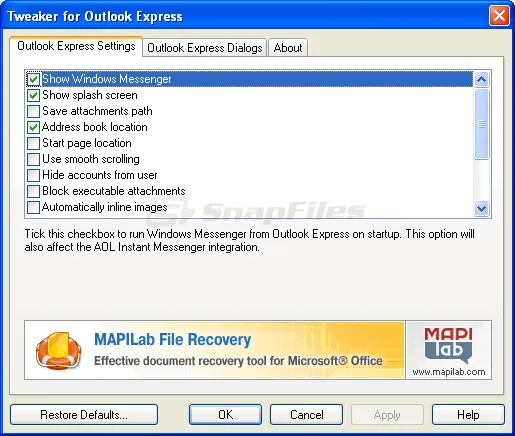 Tweaker for Outlook Express Tangkapan layar 1