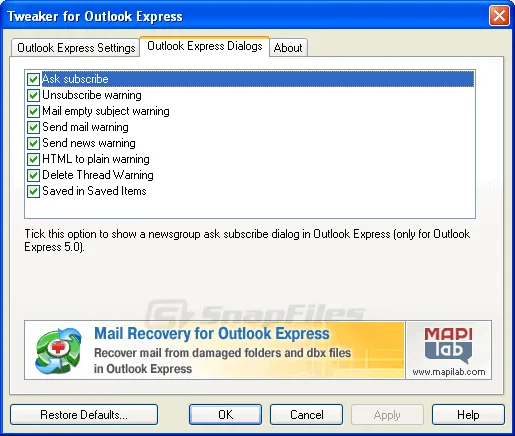 Tweaker for Outlook Express Tangkapan layar 2