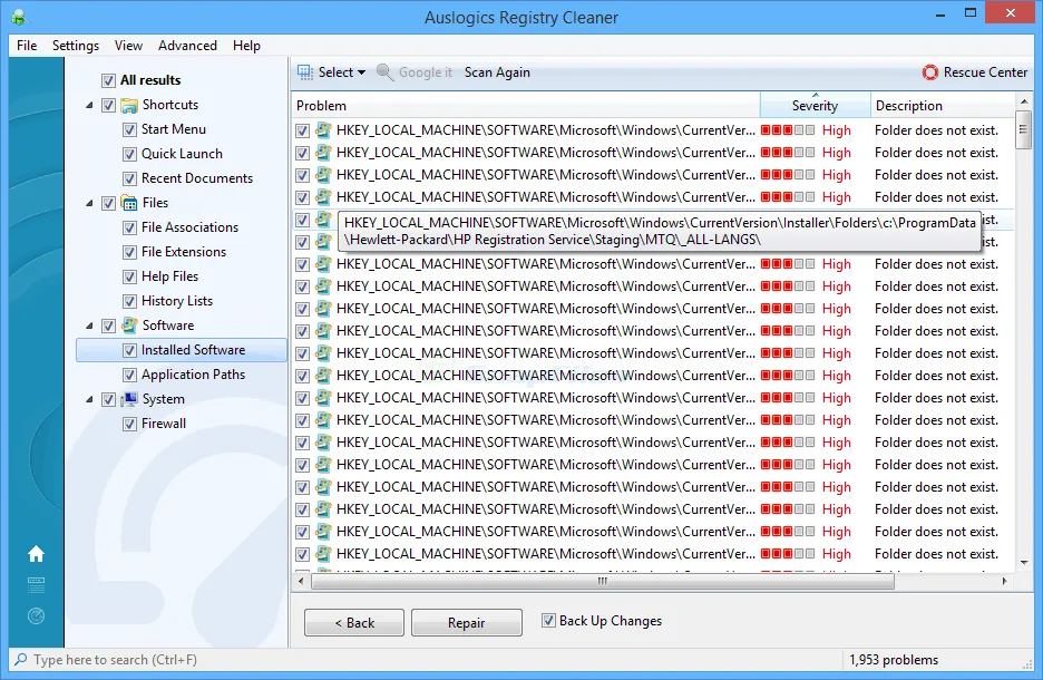 Auslogics Registry Cleaner Tangkapan layar 2