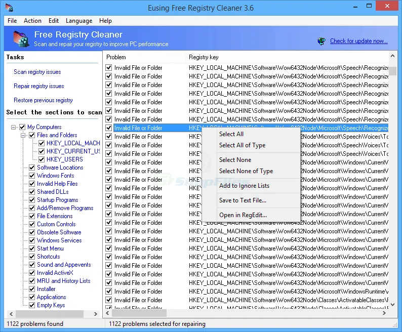 Eusing Free Registry Cleaner Tangkapan layar 1