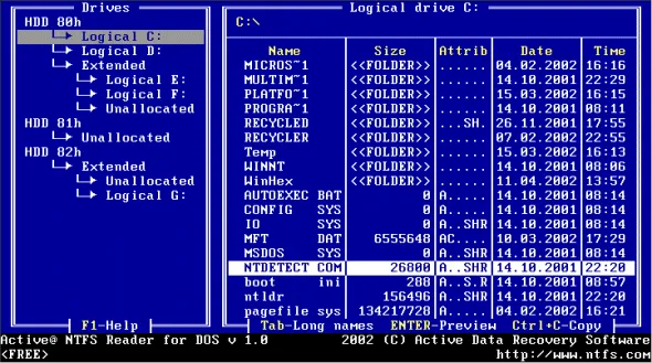 Active NTFS Reader for DOS Tangkapan layar 1